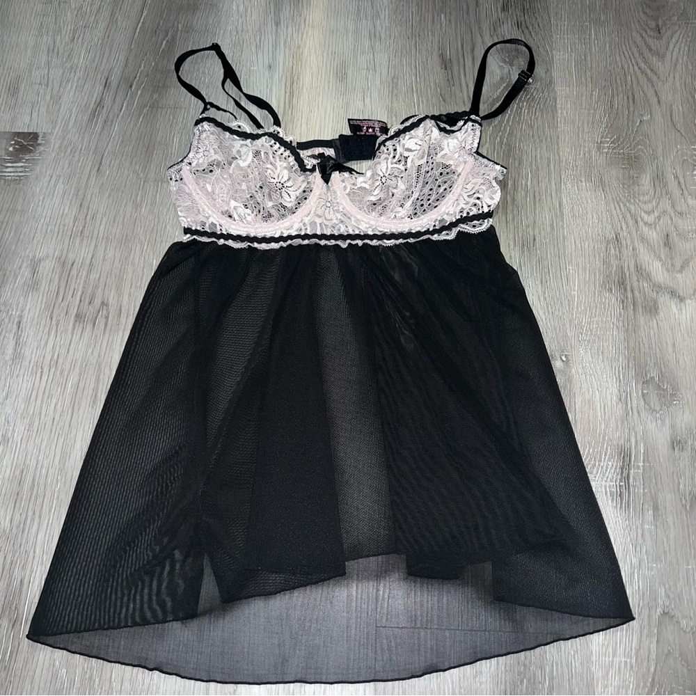 Dream girl mesh chiffon black and baby pink babydoll bra top with lace cups